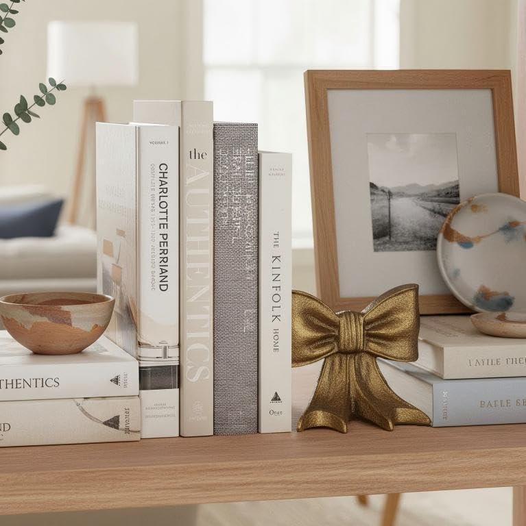 Bow Metal Bookends Heavy Duty Cast Iron Book Ends for Heavy Books Unique Modern / Gold / Set of 2