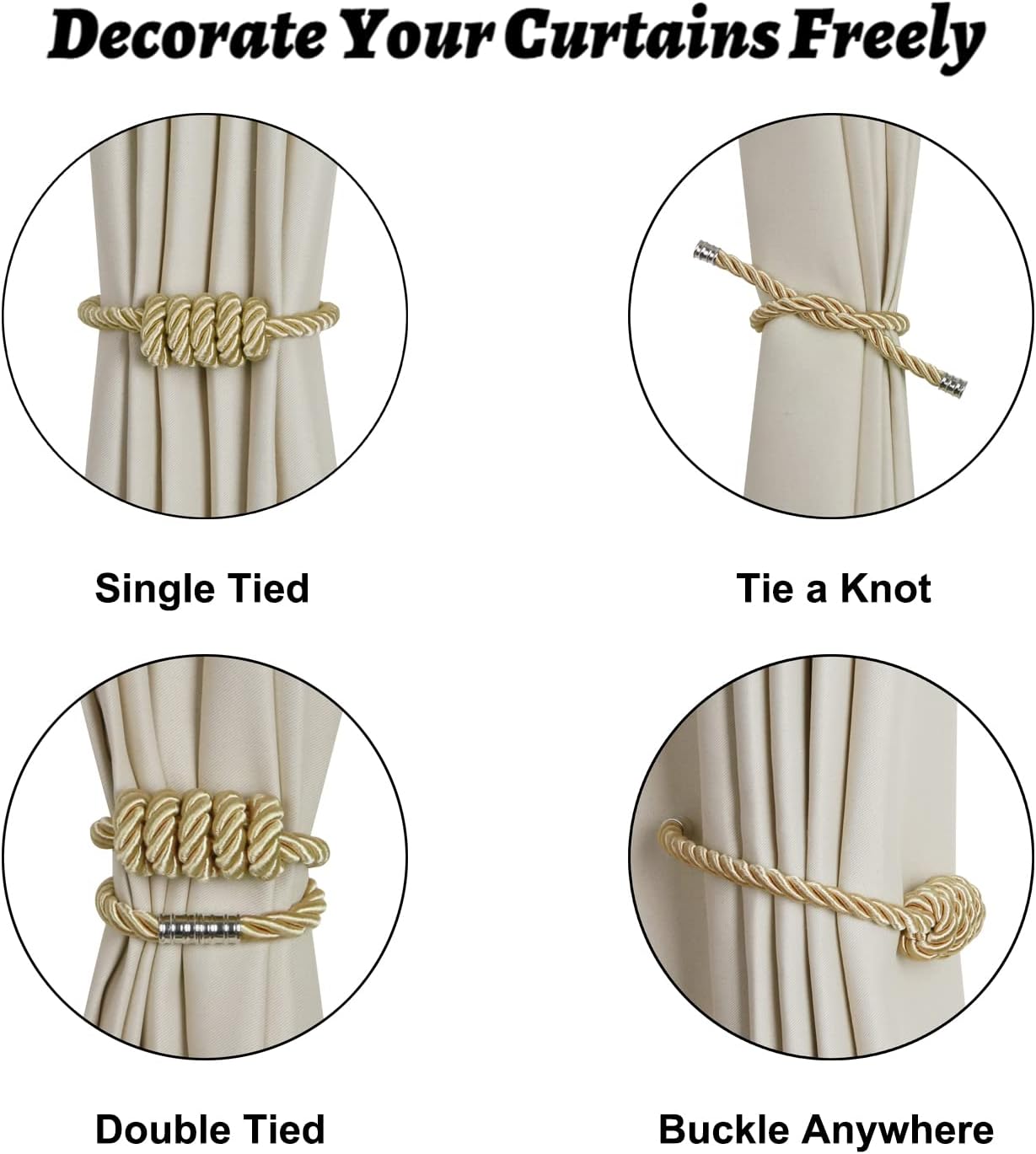 BEL AVENIR Magnetic Curtain Tiebacks 6 Pack Hand-Woven Curtain Ties | Gold Decorative Curtain Holdbacks Bohemian Style
