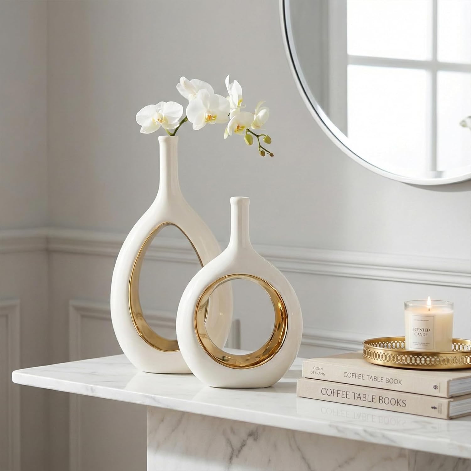 Vase Ceramic White Vases Home Decor / White and Gold