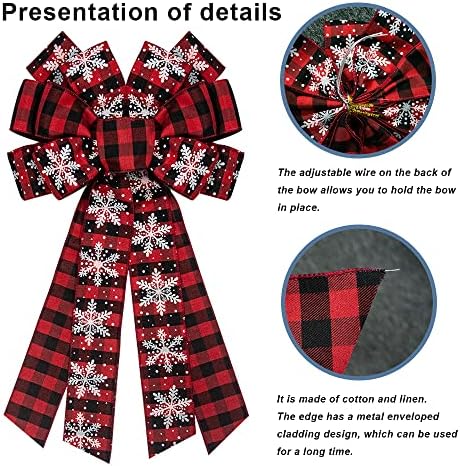 Hying Large Christmas Bow for Wreath, Red Black Buffalo Plaid Bows for Front Door Wall Fence Decor, Snow Wreath Bow Tree Topper for Winter Party Decoration Supplies
