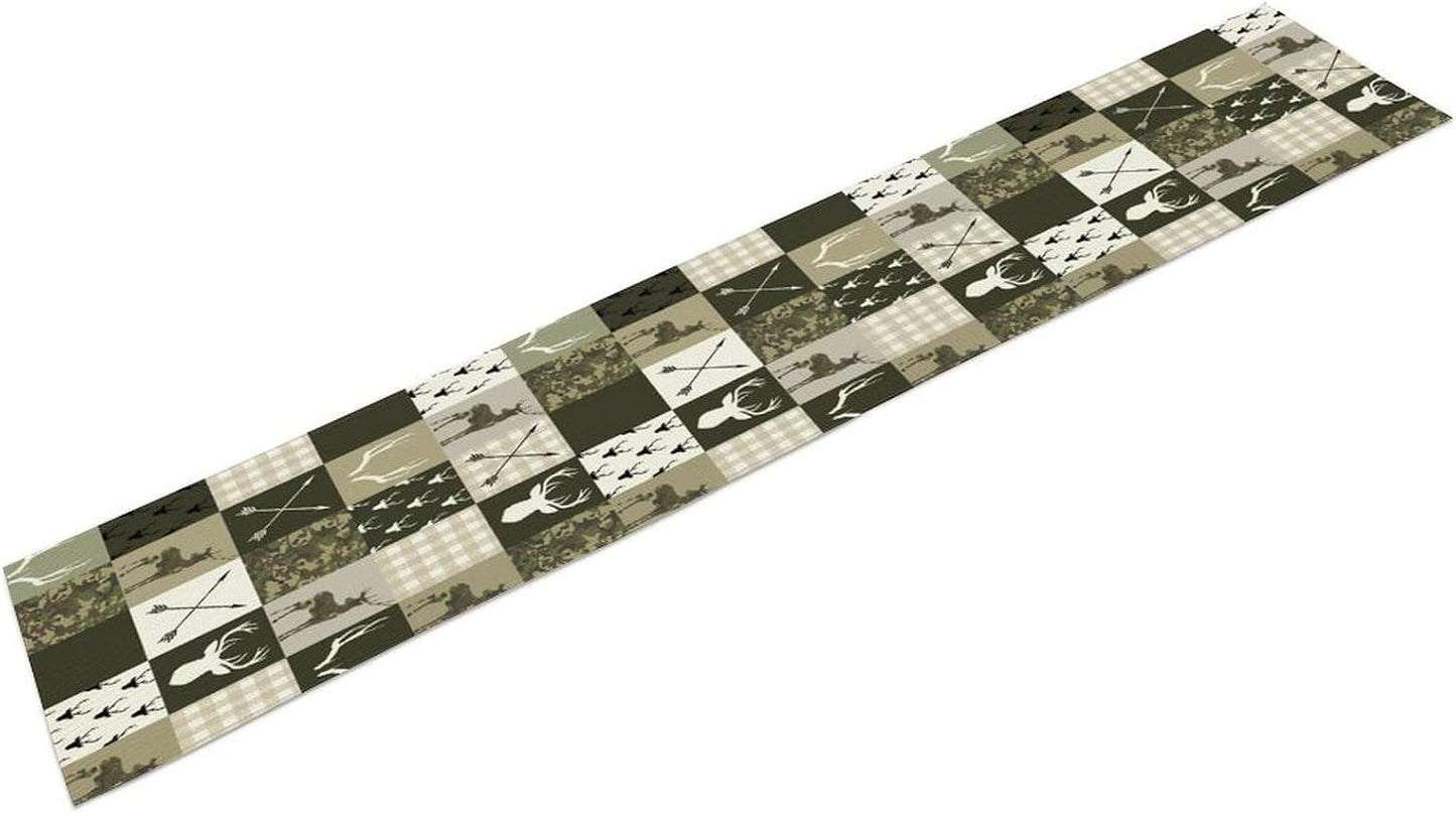 Farmhouse Moose Deer Bear Table Runner,Camouflage Vintage Bear Cottage Country Style Pattern Printed Linen Table Runner