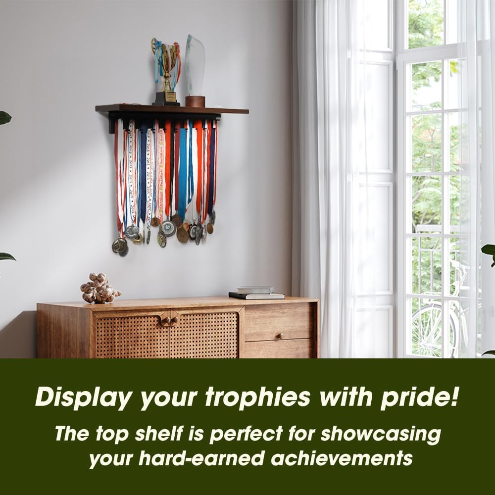 J JACKCUBE DESIGN Medal Display Hanger and Trophy Shelf with 39 Hooks, Wall Mounted Marathon Race Sports Gymnastics