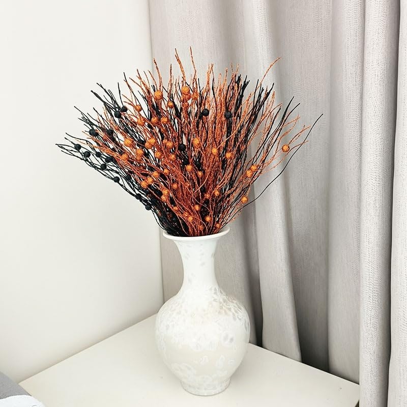 24 Pack Glitter Halloween Black Orange Artificial Berry Stem Picks 13.4 Inch Curly Tall Tree Filler Branches Christmas Decorations for Vase Filler, Twigs for Holiday (Orange Black)