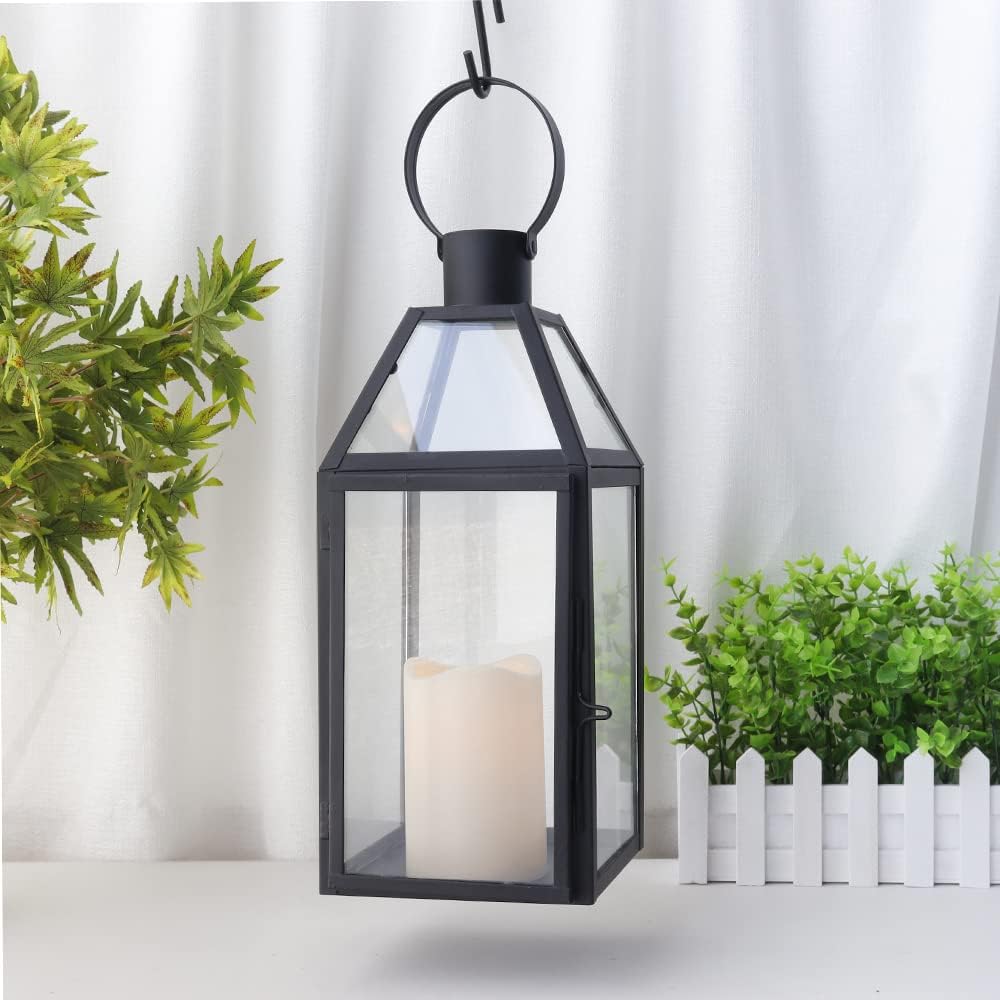 JHY DESIGN Black Decorative Lanterns 16“H Decorative Candle Lantern with Tempered Glass for Indoor Outdoor Events