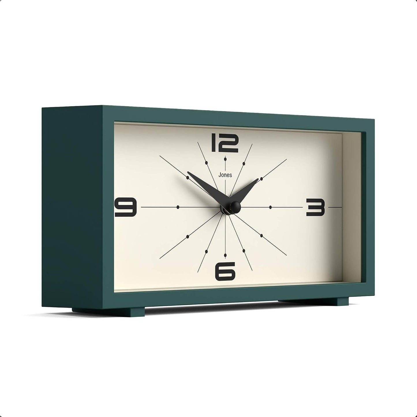 JONES CLOCKS® Odeon Desk Clock | Modern Rectangular Design | Dark Green | Stylish Retro Look for Shelf, Table, Mantel