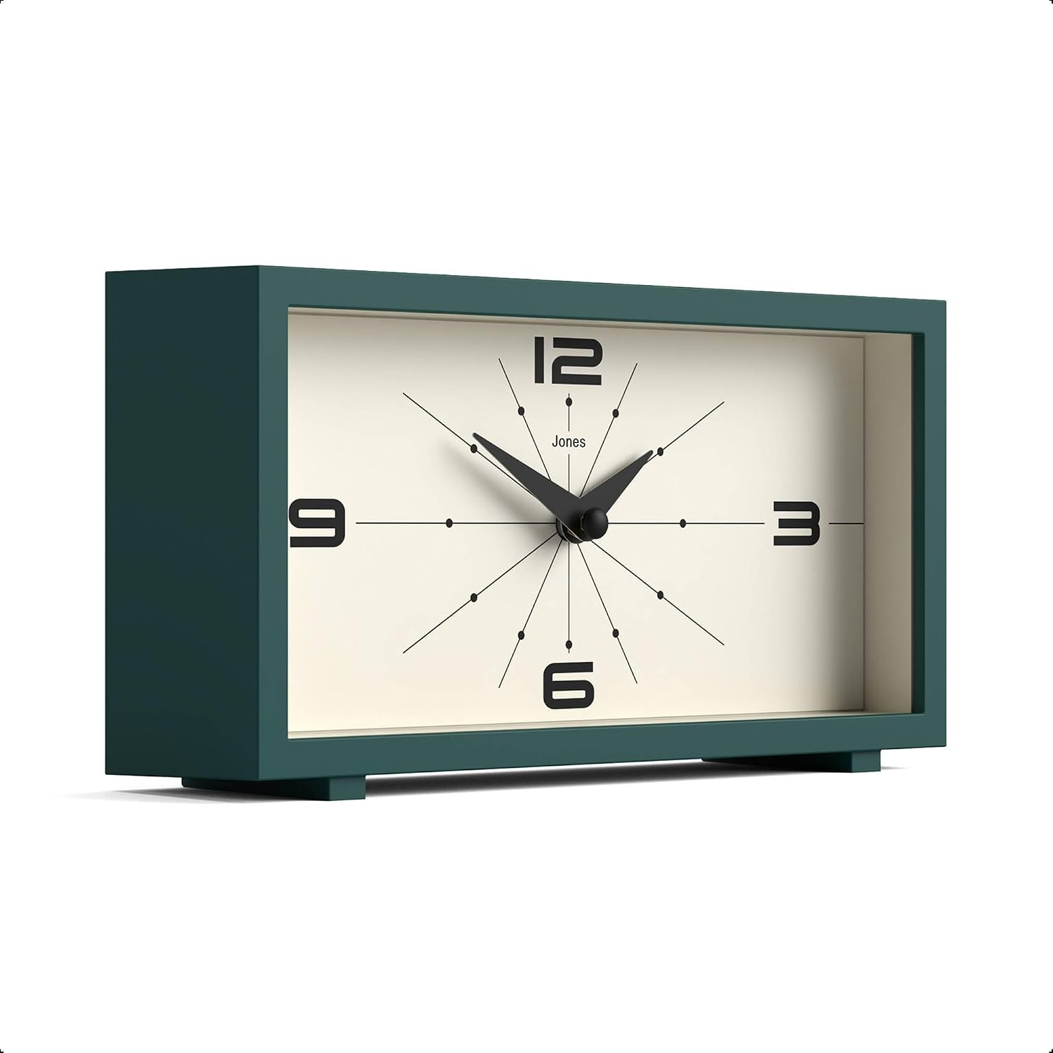 JONES CLOCKS® Odeon Desk Clock | Modern Rectangular Design | Dark Green | Stylish Retro Look for Shelf, Table, Mantel