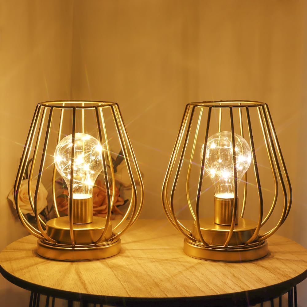 TRIROCKS Set of 2 Metal Battery Operated Lamp 7'' Tall Mini Cage Shape Cordless Table Lamp Battery Lanterns with Warm