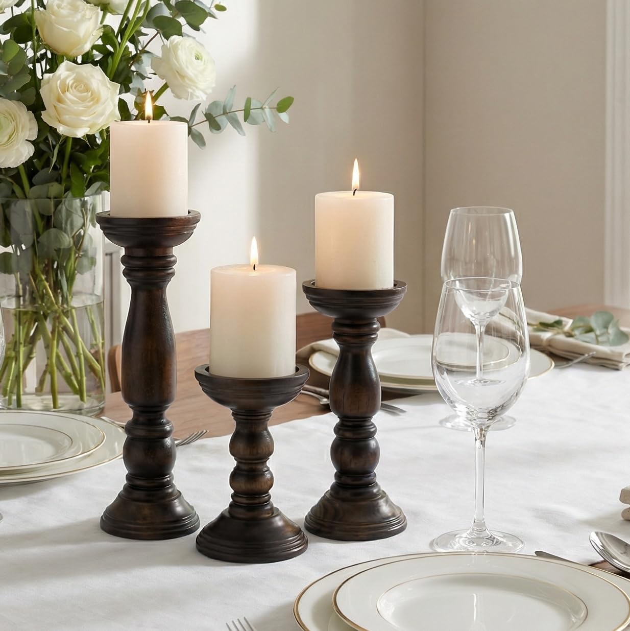 BANOMII Farmhouse Wooden Candle Holders for Pillar Candles Set of 3, Rustic Wood Candle Holder Table Centerpiece Decor