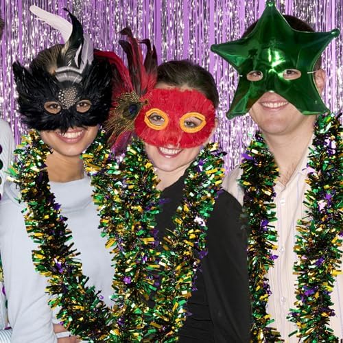 FOIMAS 33FT Mardi Gras Tinsel Garland,Green Purple Green Twisted Metallic Hanging Garland for Mardi Gras Parade Tree Fireplace Home Decoration