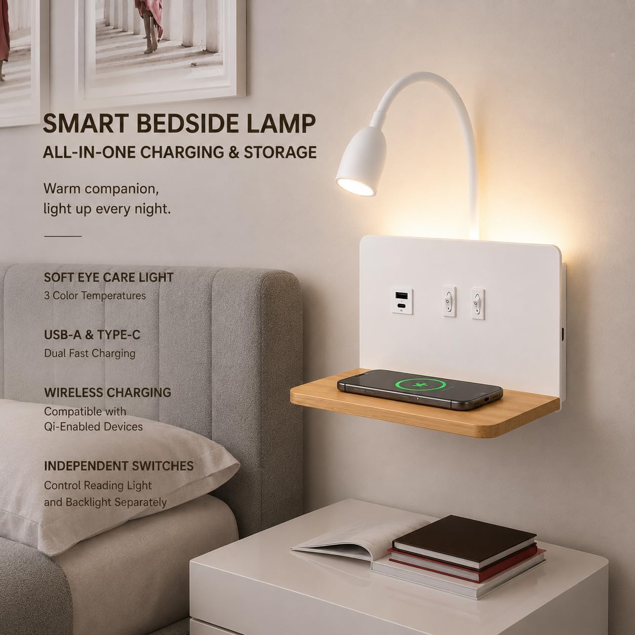 White Bedside Wall Sconce with Wireless Charging Station, USB-C & USB-A Ports, Plug in Wall Light with Shelf, Gooseneck