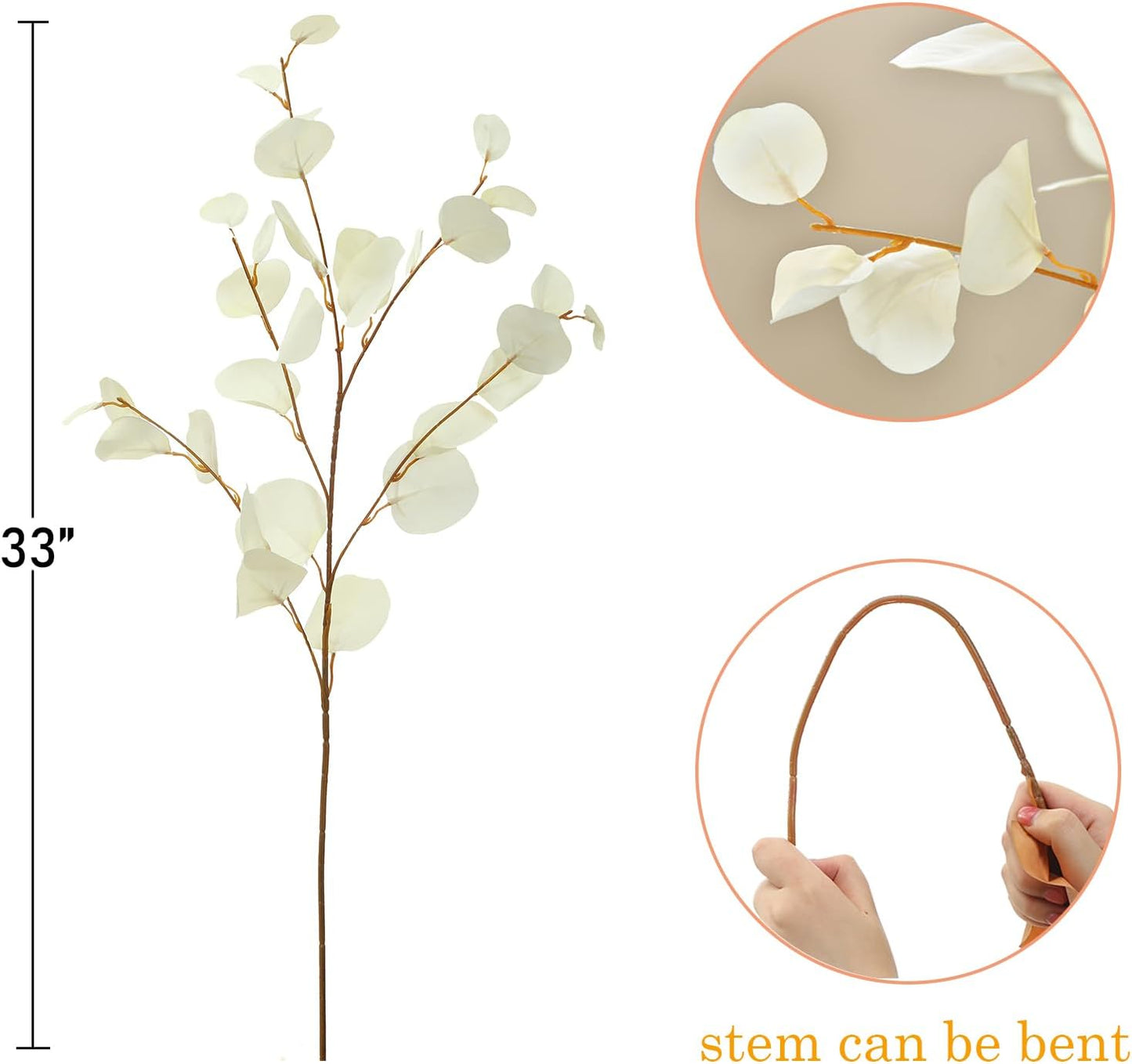 Artificial Eucalyptus Stems Long 33" Fake Eucalyptus Leaves Branches / Cream White*3 / Set of 3
