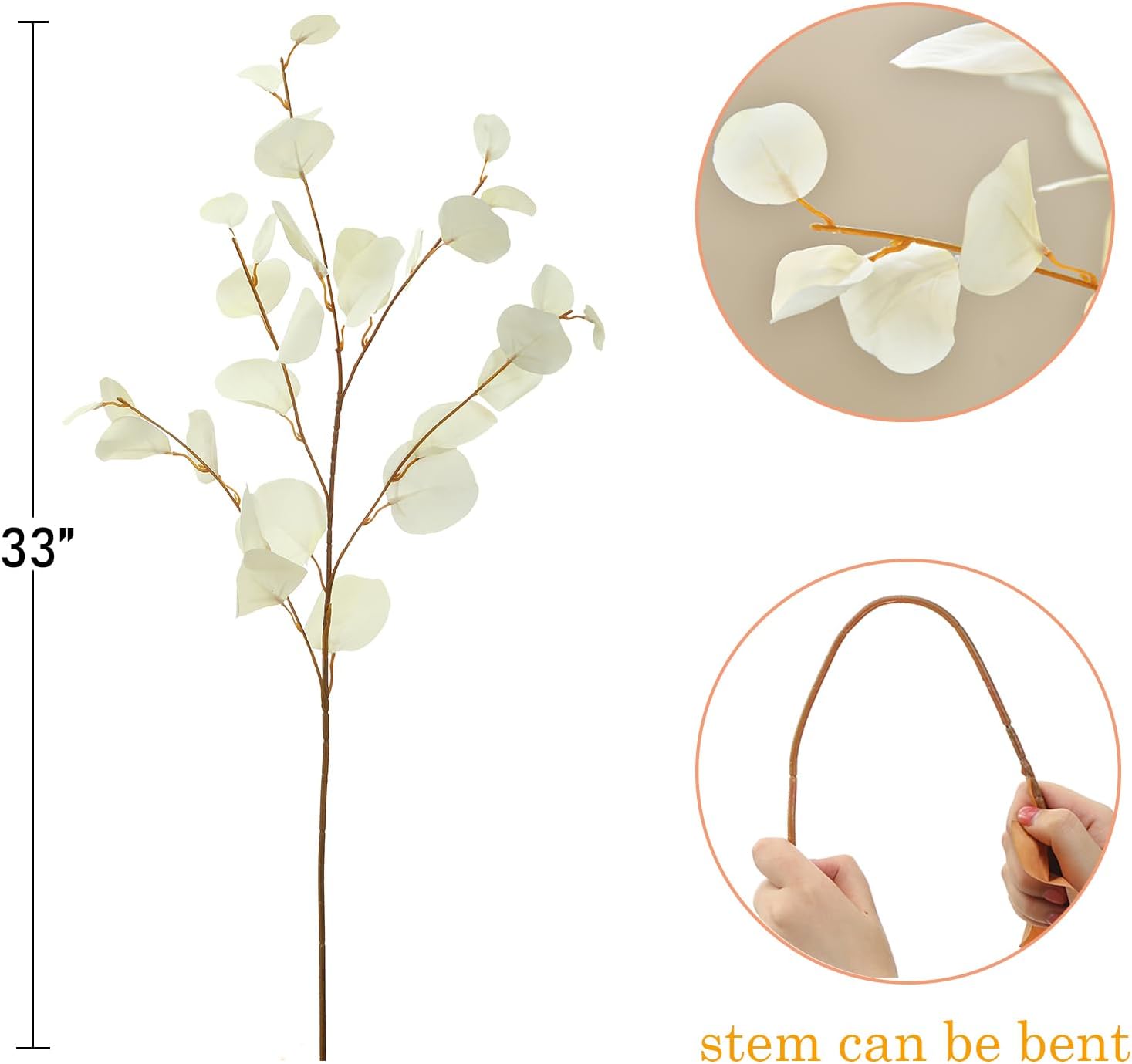 Artificial Eucalyptus Stems Long 33" Fake Eucalyptus Leaves Branches / Cream White*3 / Set of 3