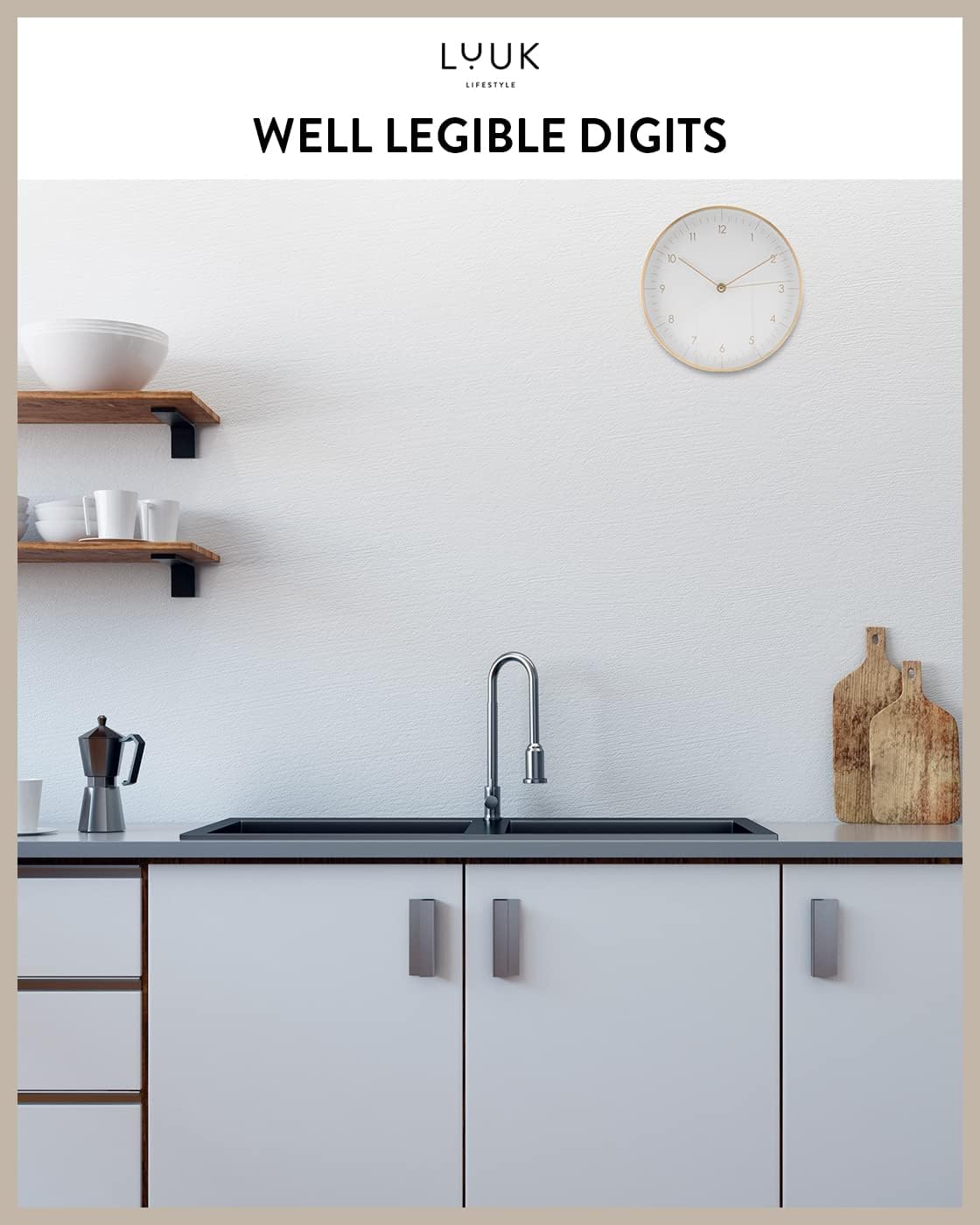 Modern Silent Quartz Wall Clock, 10in, White & Gold | Designed in Germany, Simple & Elegant, Non-ticking, Analog