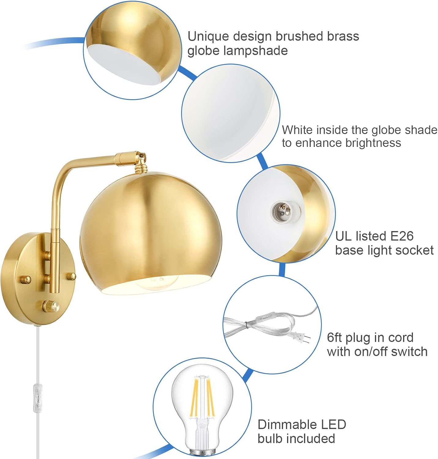VATONI Wall Sconces Plug in, Dimmable Wall Sconce Swing Arm Wall Lights with Plug in Cord and Dimmer On/Off Knob