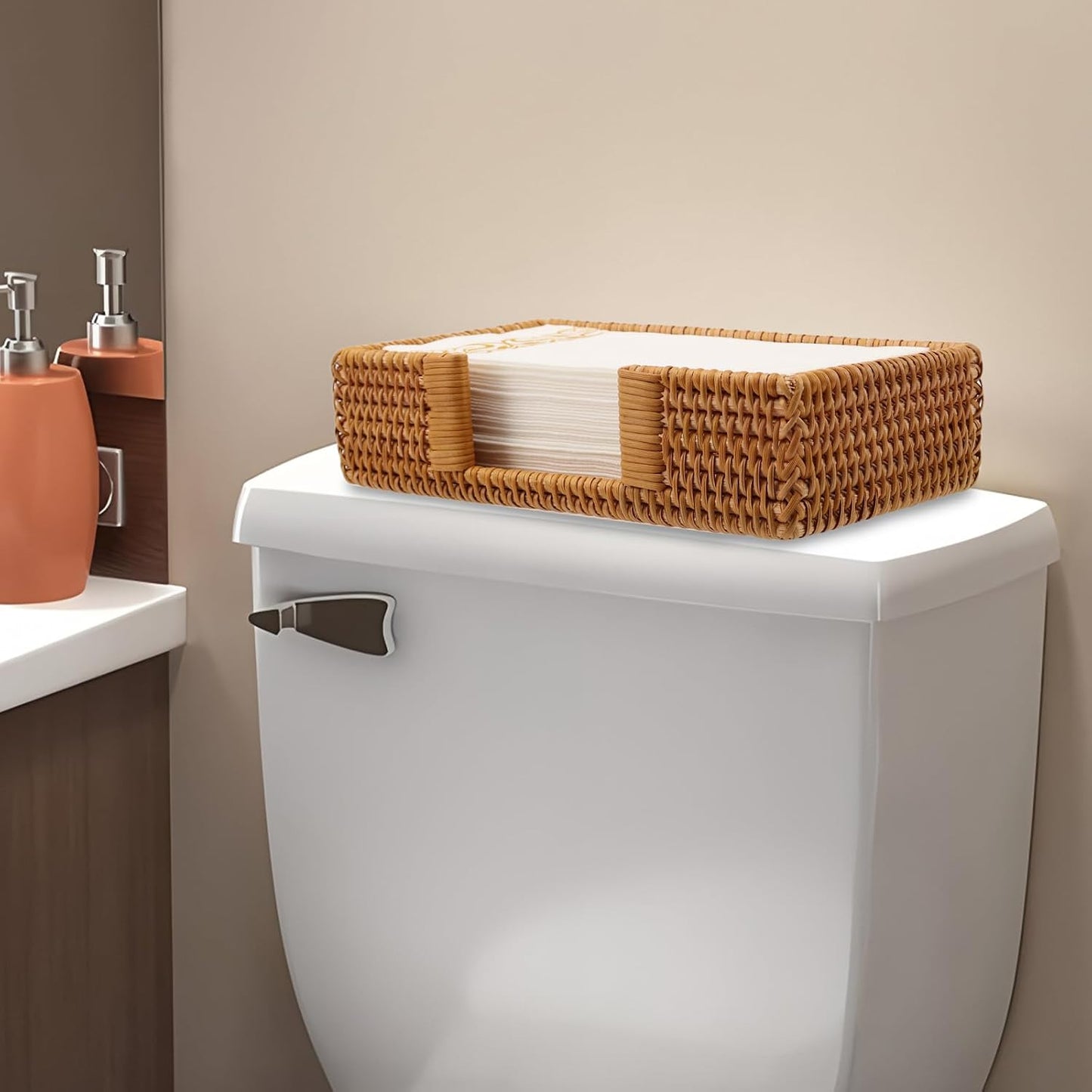 Wicker Bathroom Napkin Holder Tray / Natural / Rattan