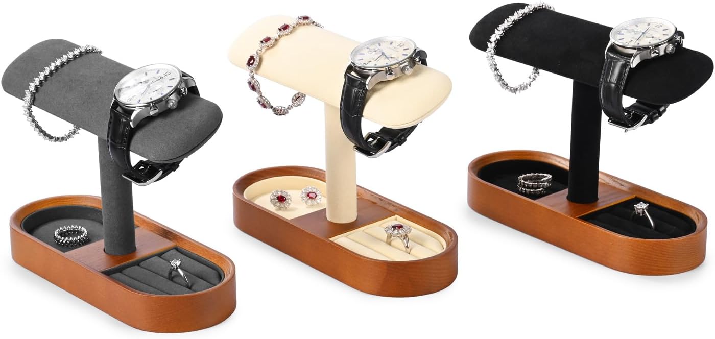 Oirlv Solid Wood Watch Stand T-bar Watch Holder Organizer for Men and Women Showcase Bracelet Bangle Jewelry Display