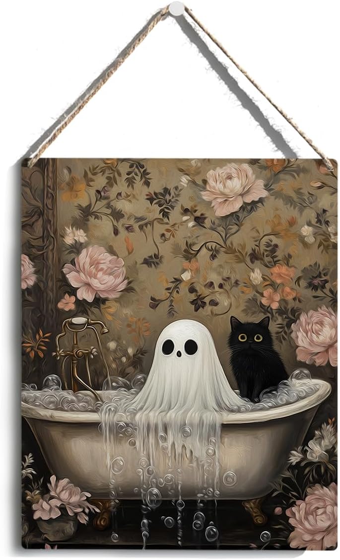 Funny Halloween Bathroom Decor, Cute Halloween Decorations Indoor, Spooky Halloween Wall Art Wooden Hanging Sign, Ghost Black Cat Farmhouse Wood Block Plaque Sign Decor for Home Washroom Bathroom