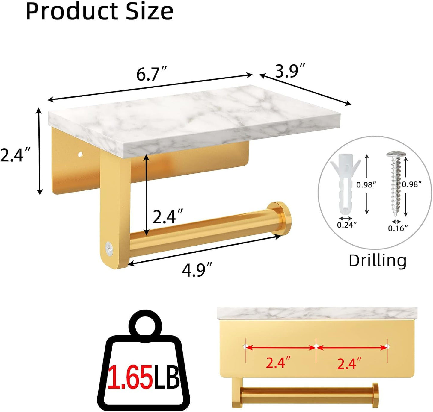 Gypie Toilet Paper Holder with Marble Shelf, Wall Mounted Gold | Stainless Steel Screw, Tissue Roll Paper Holder