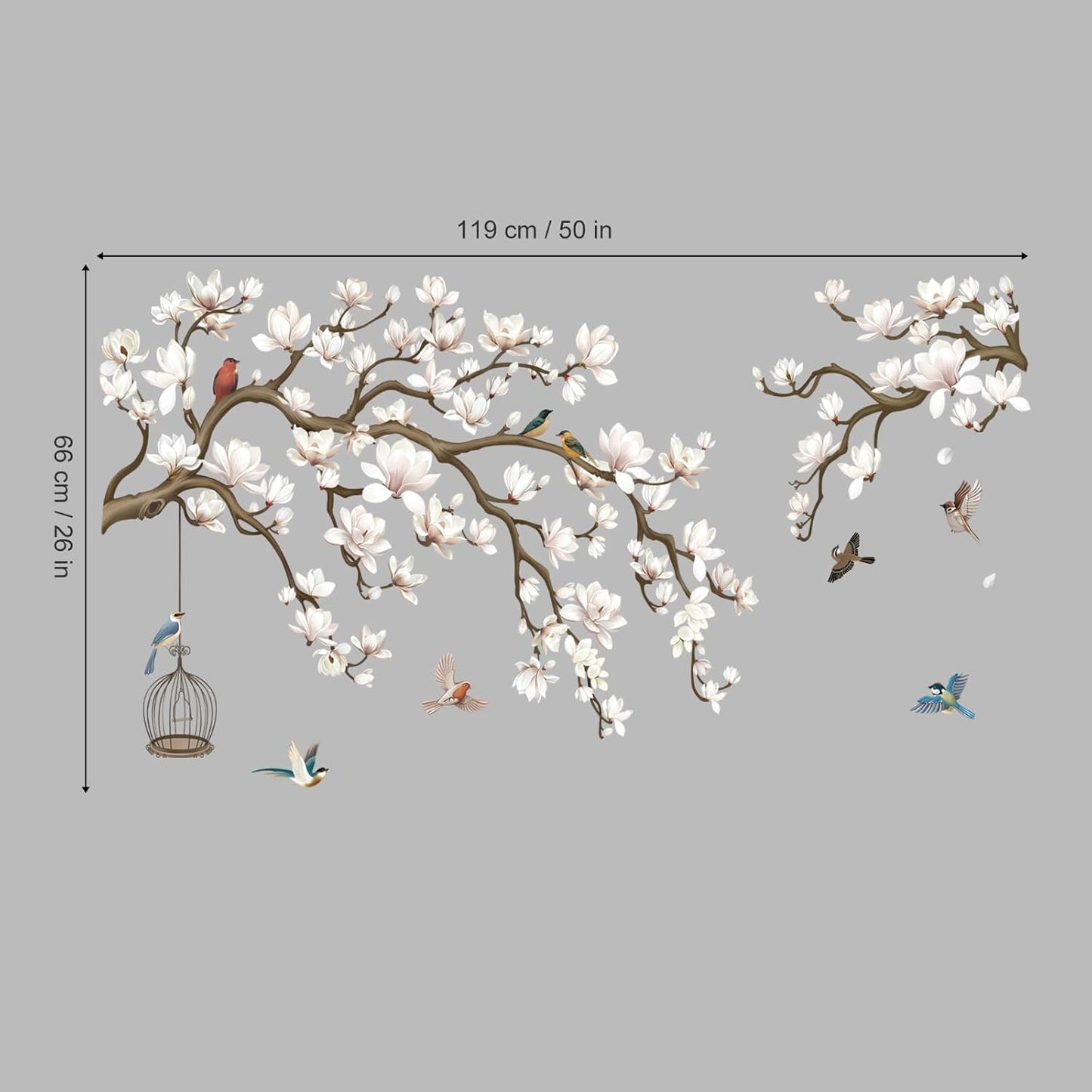 Magnolia Flowers Tree Branch Wall Stickers Floral Birds Peel and Stick Wall Art Decals / White