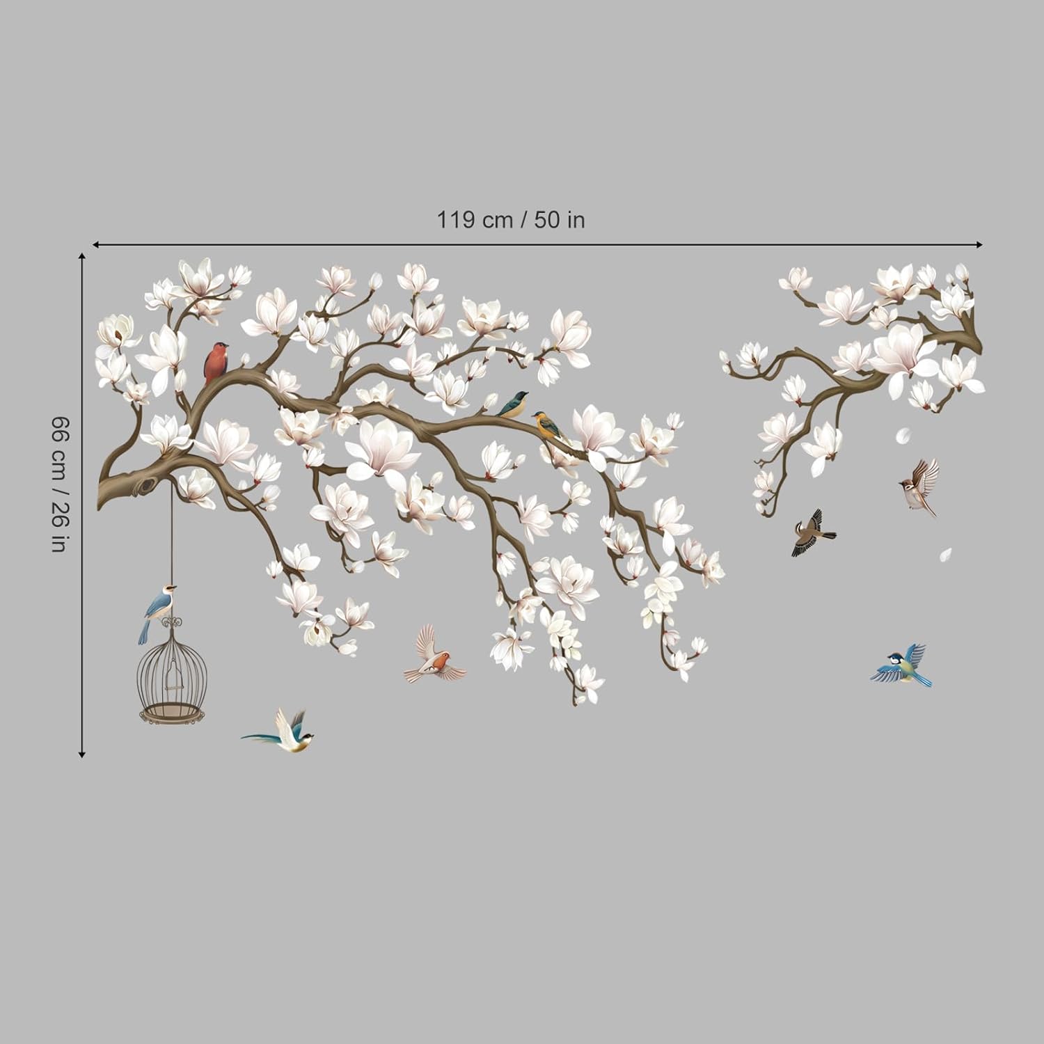 Magnolia Flowers Tree Branch Wall Stickers Floral Birds Peel and Stick Wall Art Decals / White