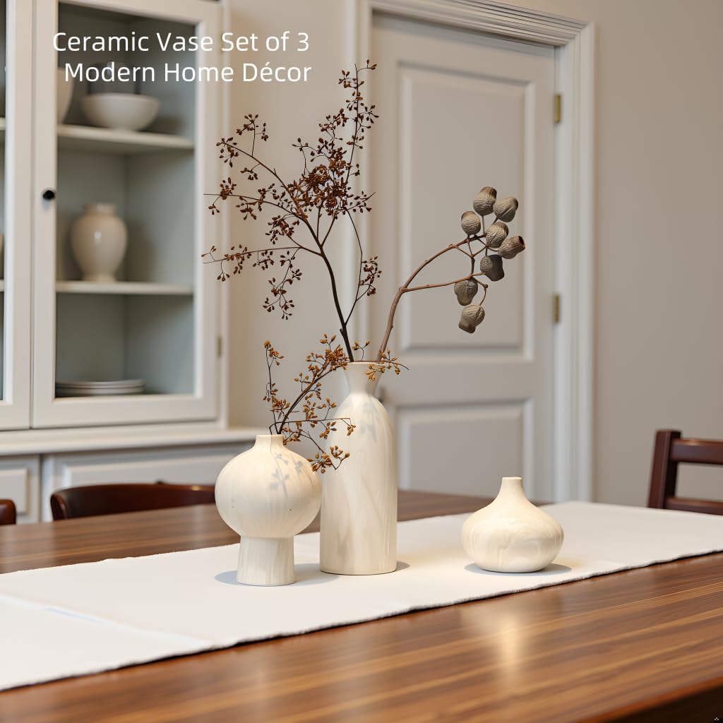 White Ceramic Vase in Beige / White with Stone Texture / 3 Inch / Set of 3