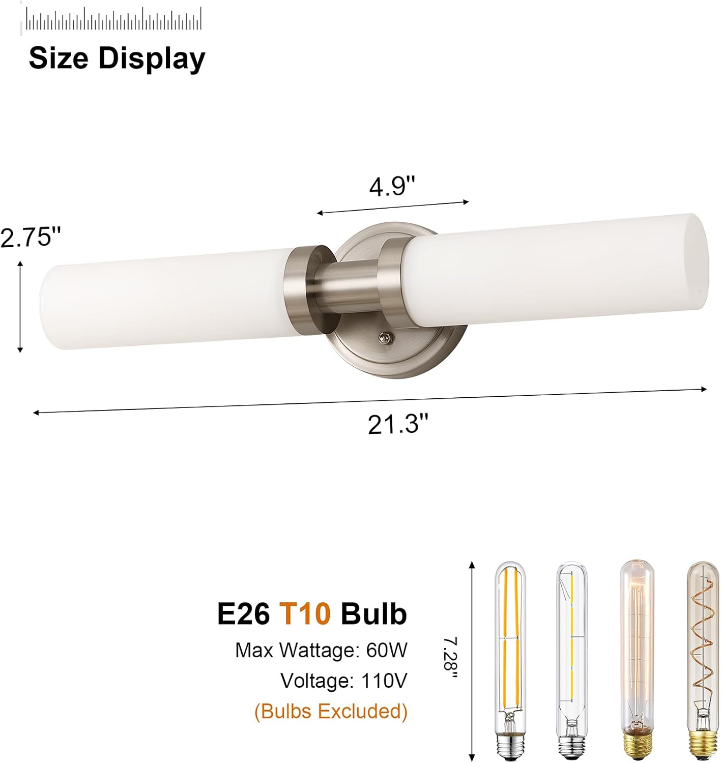 Brushed Nickel Bathroom Light Fixtures, 2-Light Vanity Lights W/White Glass Shade, Modern Sconces Wall Lighting for