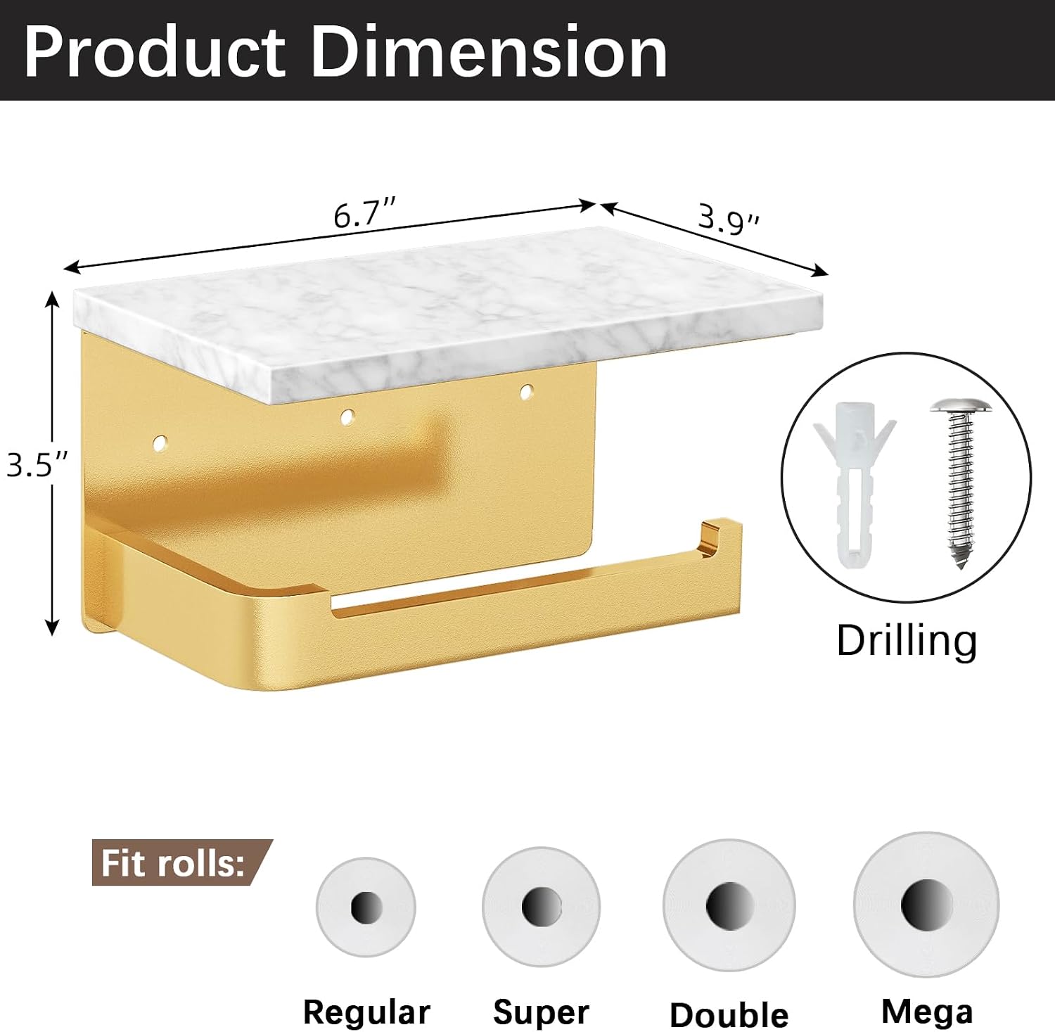 Gypie Toilet Paper Holder with Marble Shelf, Wall Mounted Gold | Toilet Roll Holder for Bathroom Washroom, Extended Base