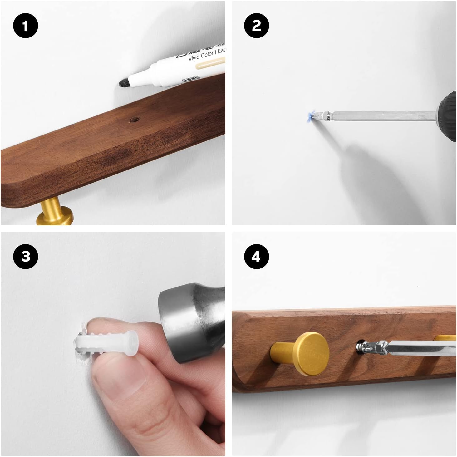 Wall Mounted Coat Rack, Metal Wood, with 5 Hooks | Walnut Gold Matt, For Coat, Scarf, Bag, Towel, Key, Cap, Hat