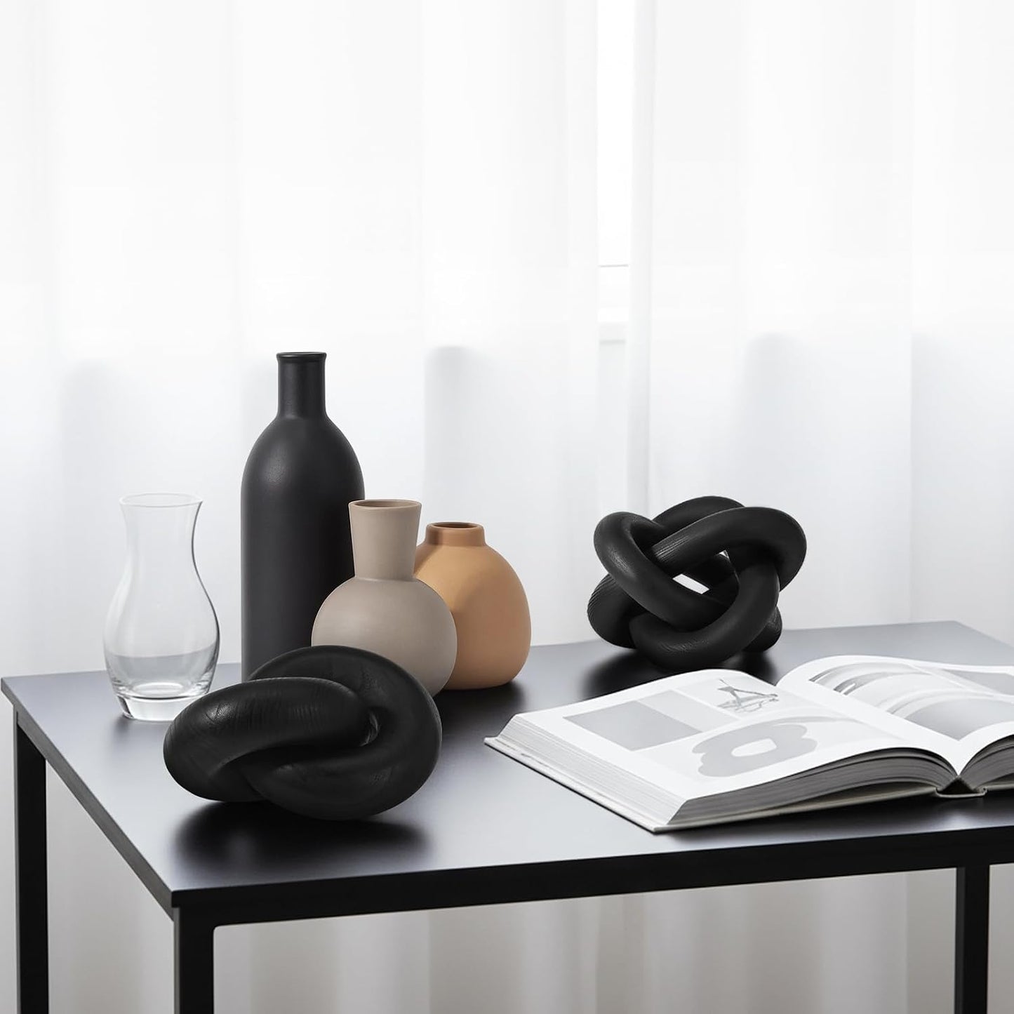 Ceramic Vase and Link Wood Knot Decor Coffee Table Decoration Boho Rustic Pottery / Black / Set of 5