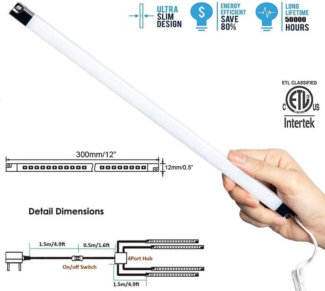 Cefrank 4-Pack 12" LED Display Light Bar, 6000K White Plug-in ETL Showcase | Under Cabinet Lighting for Kitchen