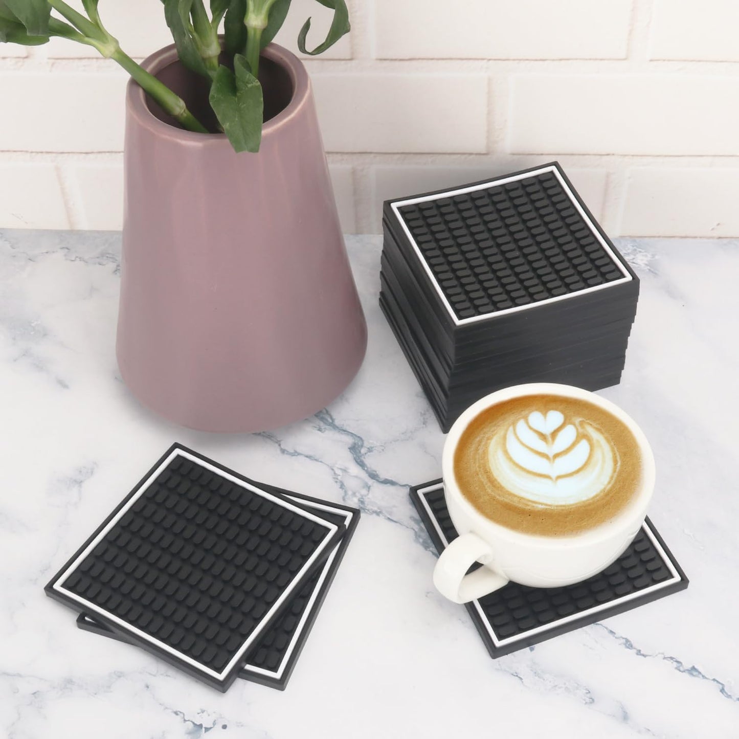 Holder / Black Rubber Coasters / 4 x 4 / Inch Square Black / Set of 24