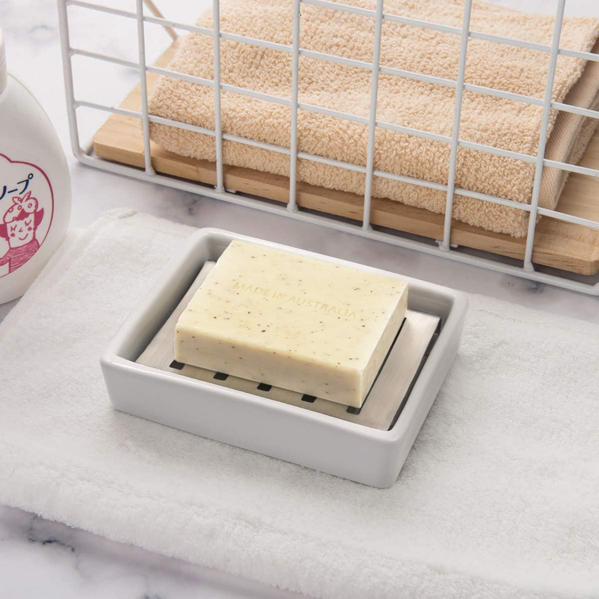 Ceramic Soap Dish Holder Stainless Steel / White