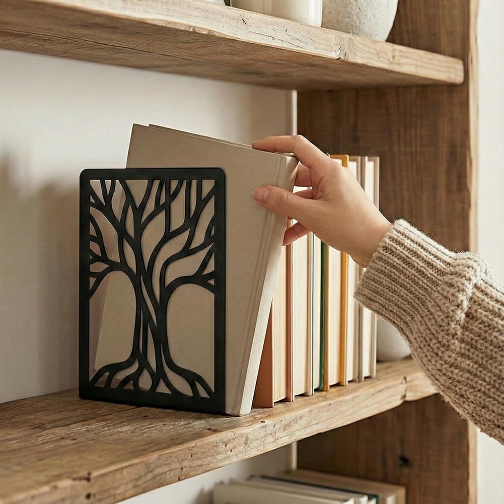 Sturdy Metal Bookends / Abstract Tree / Black / Set of 2
