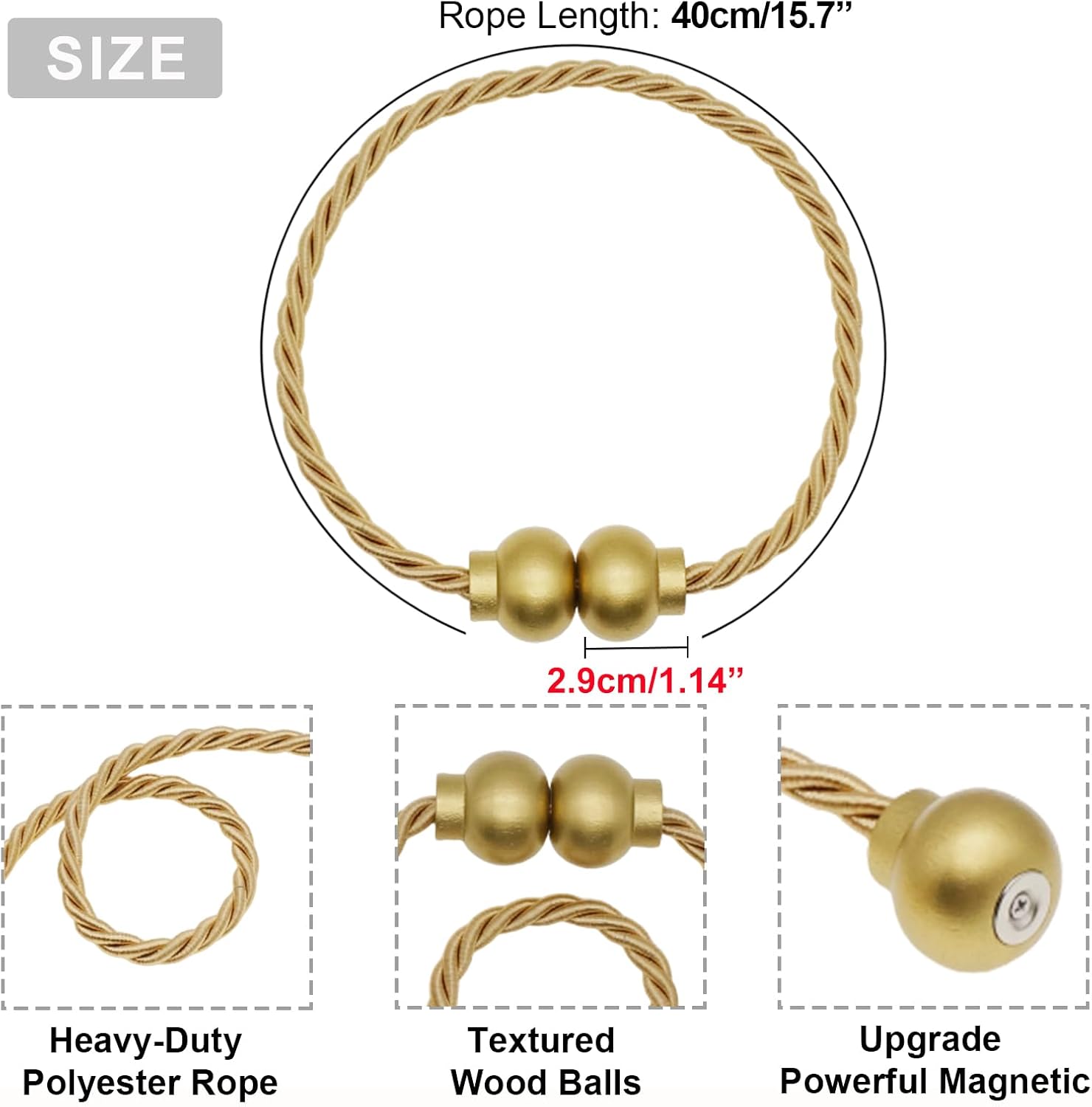 6Pcs Magnetic Curtain Tiebacks Modern Handmade Rope Curtain Tie Backs Gold | Decorative Drapes Weave Holdbacks for Home