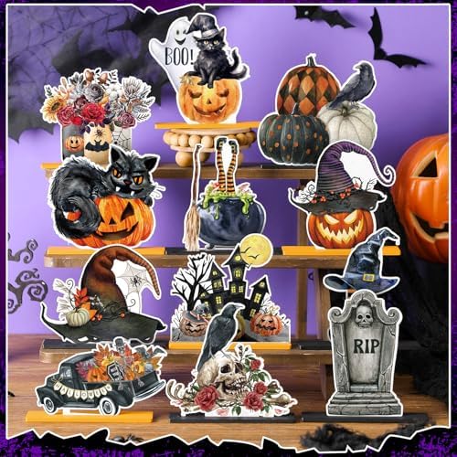 Marsui 12 Pcs Halloween Wooden Decor Pumpkin Ghost Cat Centerpieces