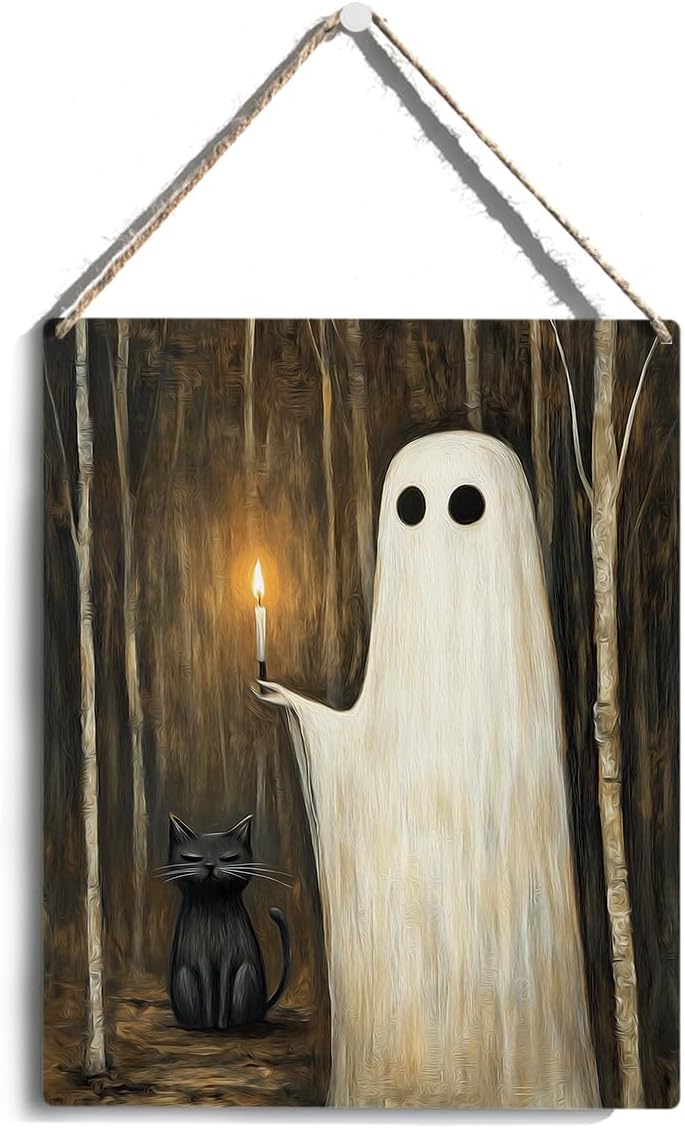 Cute Halloween Decorations Indoor - Funny Ghost & Black Cat Wooden Hanging Sign - Farmhouse Home Shower Room Decor