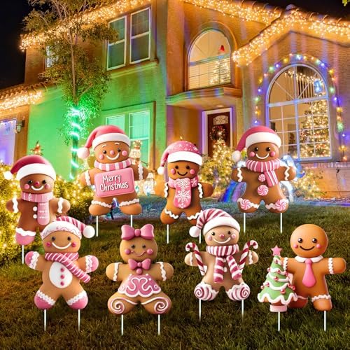 8 Pcs 3D Christmas Gingerbread Yard Signs Outdoor Decor, Elegant