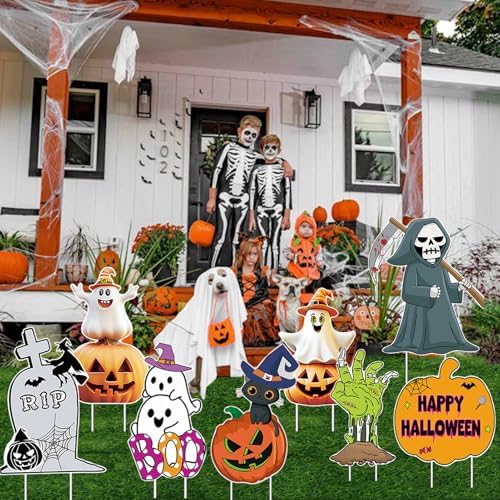 8 PCS Cute Halloween Decorations Outdoor Yard Signs,Large Yard Stakes Signs Pumpkin Ghost,Tombstone, Skeleton, Hand, Halloween Lawn Decoration for Family Friendly Kids Home Party