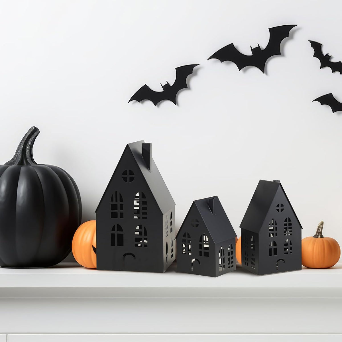 Beeveer 3 Pack Halloween Black Metal Houses Tabletop Pre-lit Lanterns | Haunted Village Sculpture with Hollow Cutouts