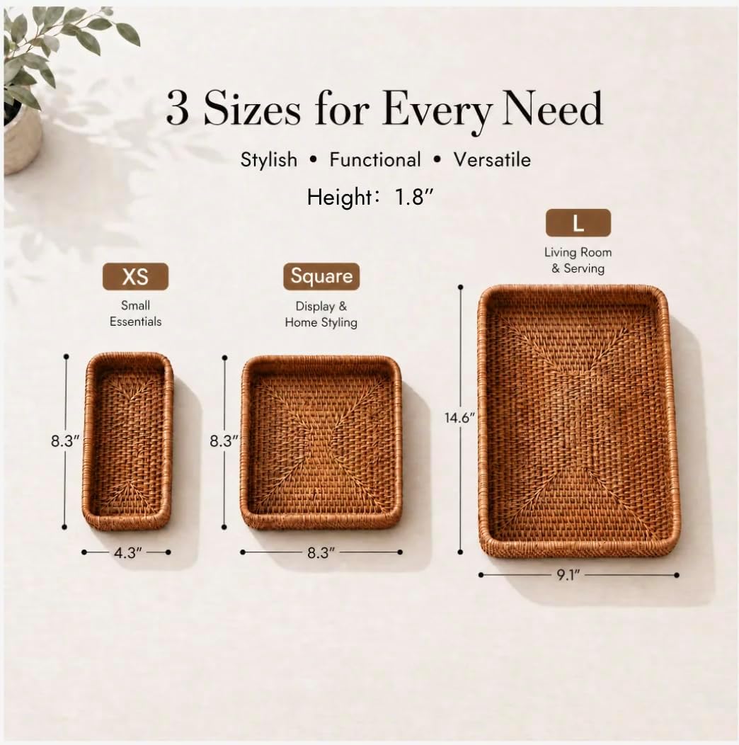 Rattan Tray / Rectangular Woven Tray / Dark Brown / Set of 3