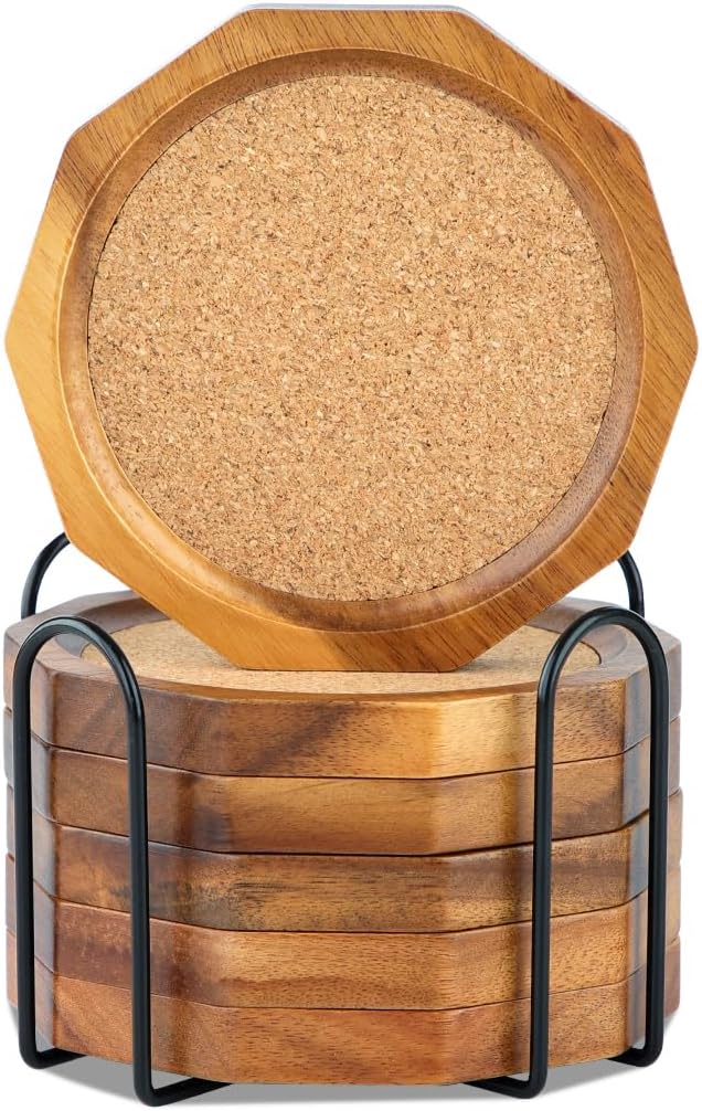 Holder / Decagonal Shape Acacia Wood Coaster Set Drink Coasters / Cork / 4.33 Inch