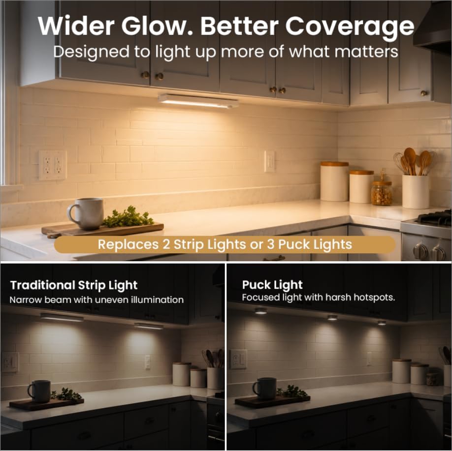 EZVALO 12inch Under Cabinet Lighting Wireless, Wide Even Glow, 6000mAh Rechargeable Motion Sensor Light Indoor, 3 Color