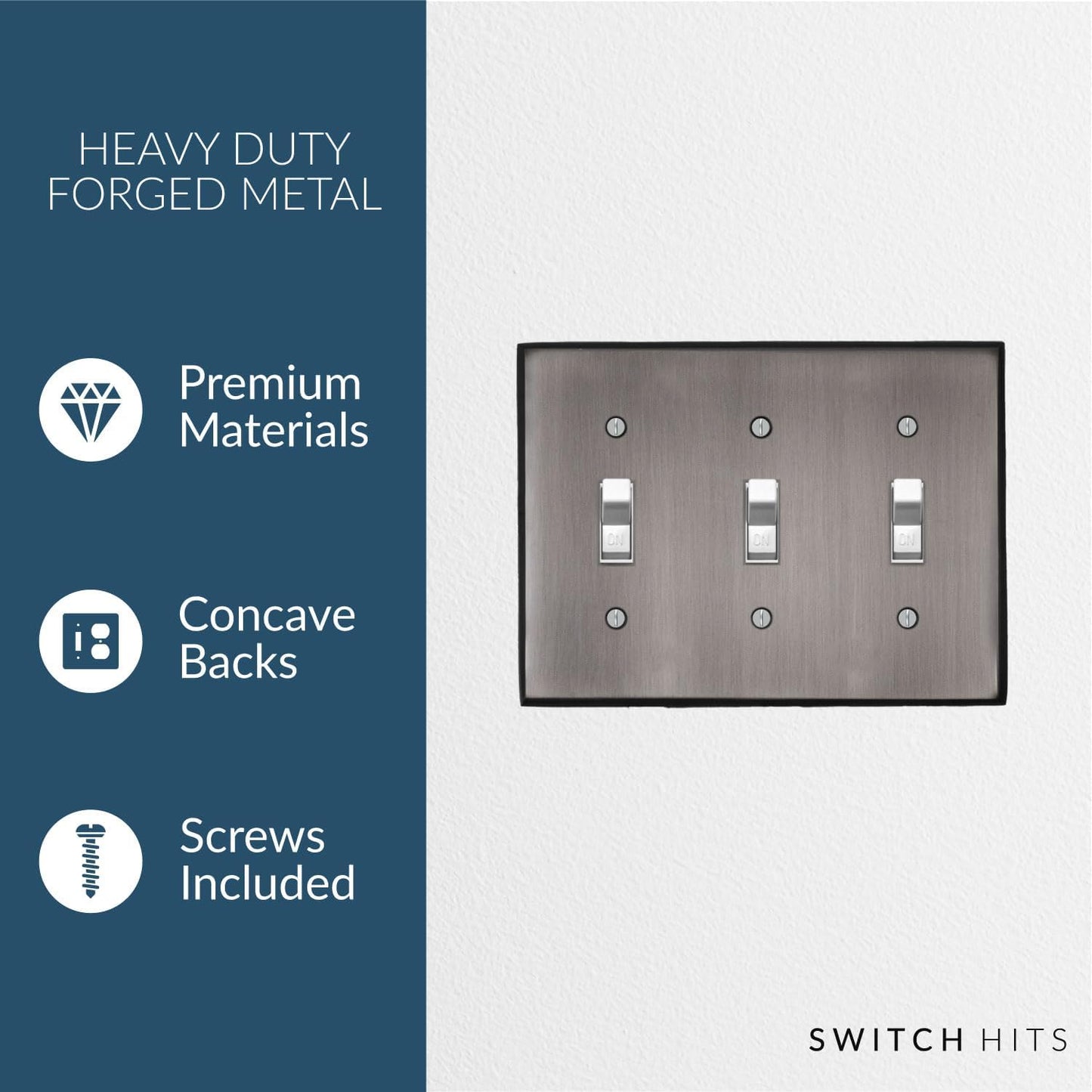 Antique Pewter Outlet Wall Plate | 3 Toggle | 6.25" x 4.5" | Hand-Polished Brass Construction | Electrical Switch Plate