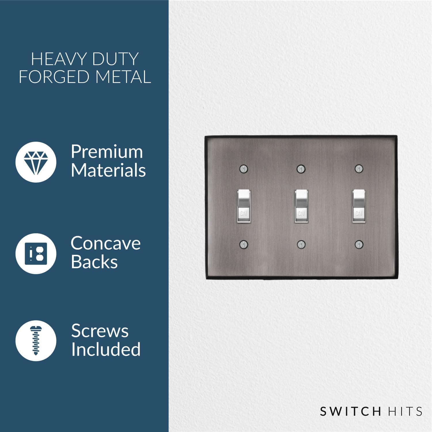Antique Pewter Outlet Wall Plate | 3 Toggle | 6.25" x 4.5" | Hand-Polished Brass Construction | Electrical Switch Plate