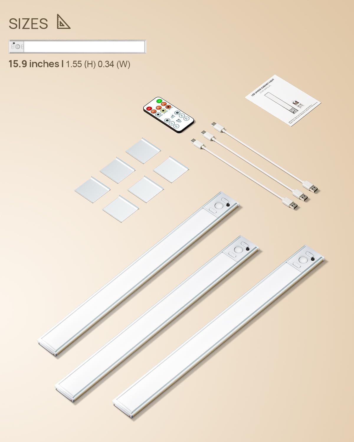 16inch Under Cabinet Lighting Wireless 3 Pack, Rechargeable Motion Sensor Light Indoor, Closet Lights with Remote, 3