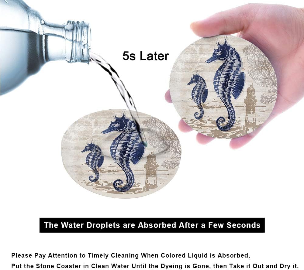 Absorbent Coasters Ceramic Thirsty Stone Navy Blue Octopus Seahorse Crab / Sea Animals / Natural