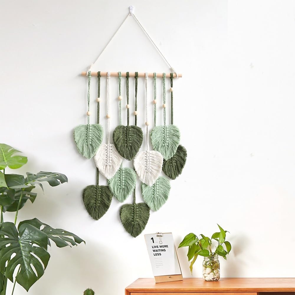 Macrame Wall Hanging Boho Woven Tapestry Handmade Home Wall Decor Bohemian Leaf Modern / Green&beige
