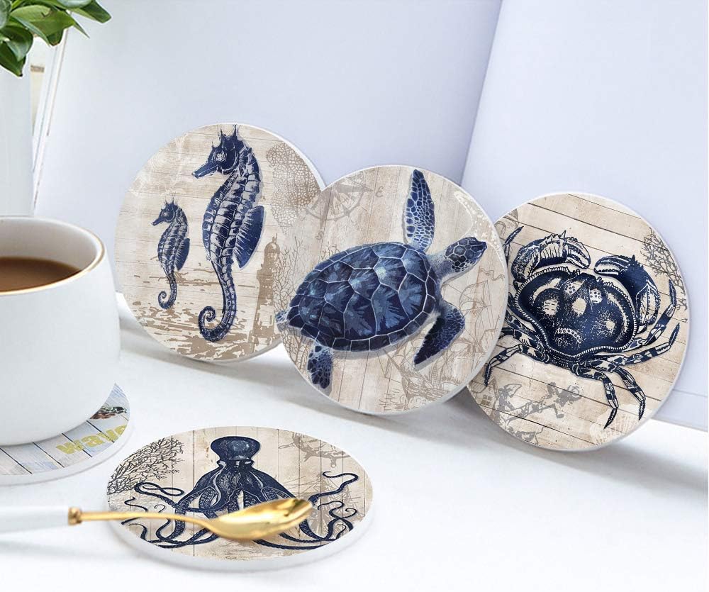 Absorbent Coasters Ceramic Thirsty Stone Navy Blue Octopus Seahorse Crab / Sea Animals / Natural