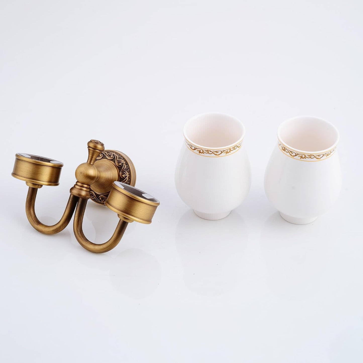 Wall Mounted Bathroom Double Tooth Brushed Cup Holder, Antique Brass Pattern Carving,Brushed Bronze