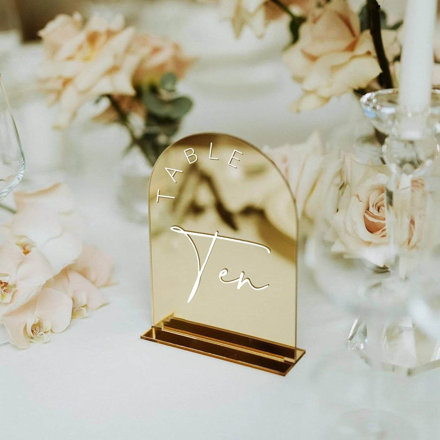 Gold Mirror Arched Wedding Table Numbers 1-15 with Stands, 5x7 Inch Acrylic Arch Sign with Holder, Gold Arch Acrylic
